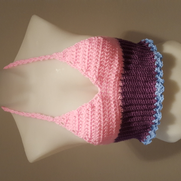 Hand Crafted Tops - Crop top, corset back, hand crafted crochet by me, NWOT, pink,purple,blue